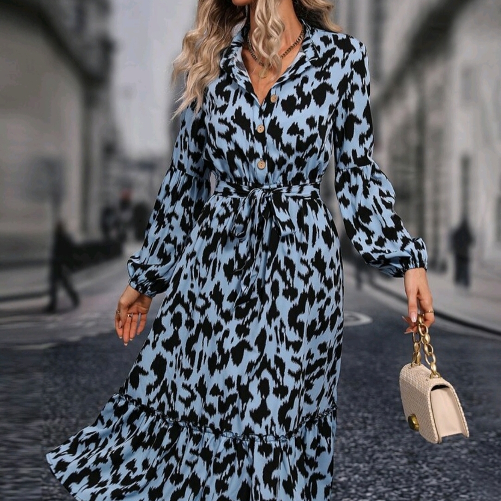 SHEIN Blue and Black Animal Print Midi Dress